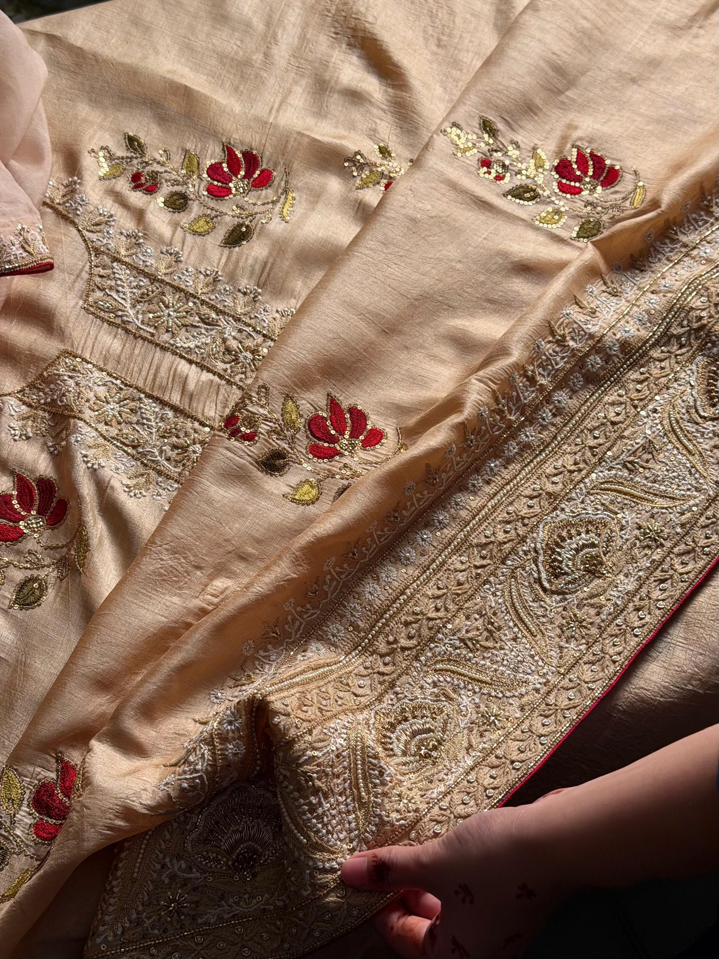 Natural Paper Tussar Resham Chikankari Unstitched Fabric Kurta Dupatta Set