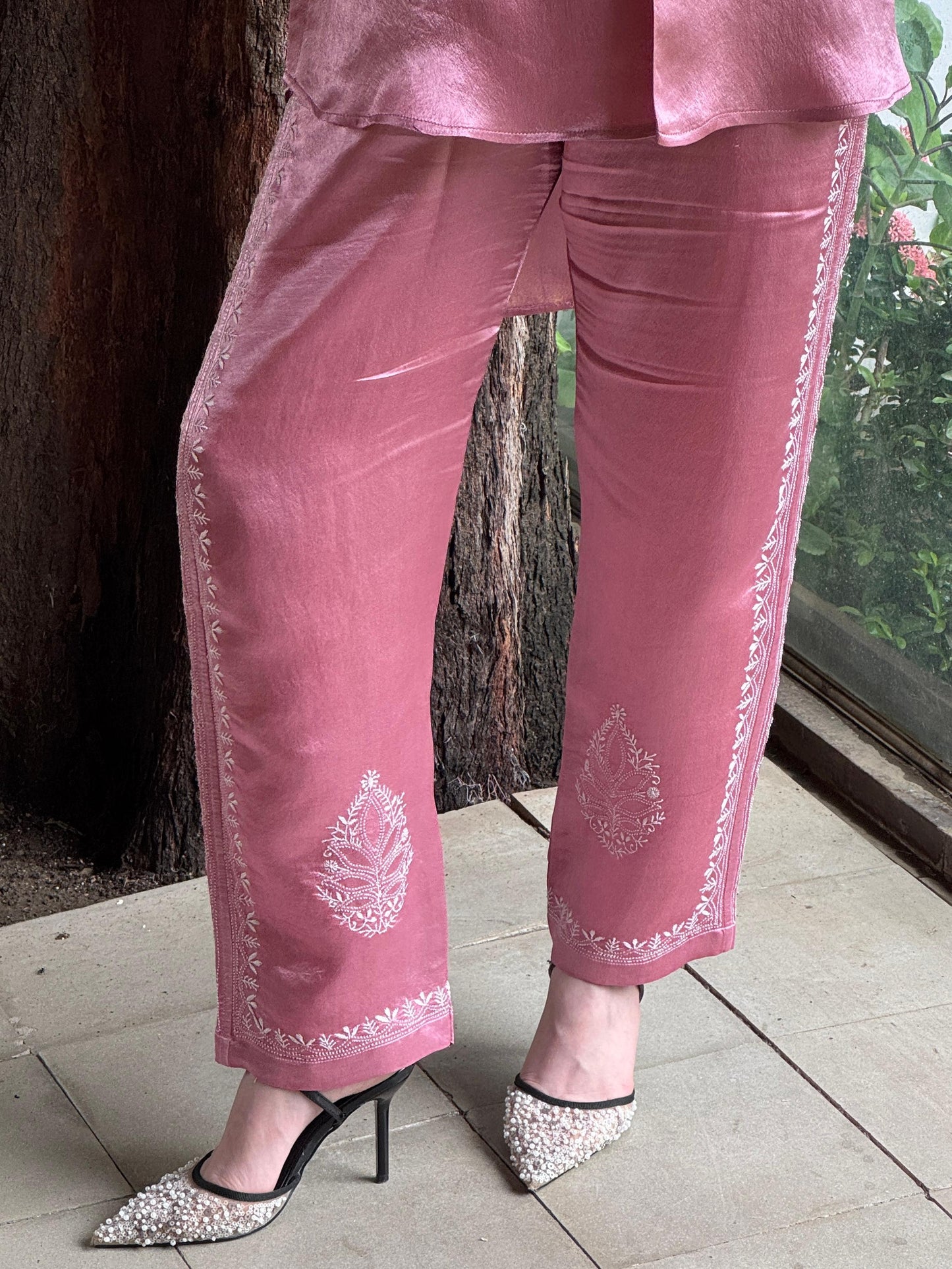 Deep Blush Pink Satin Shimmer Chikankari Co-Ord Set