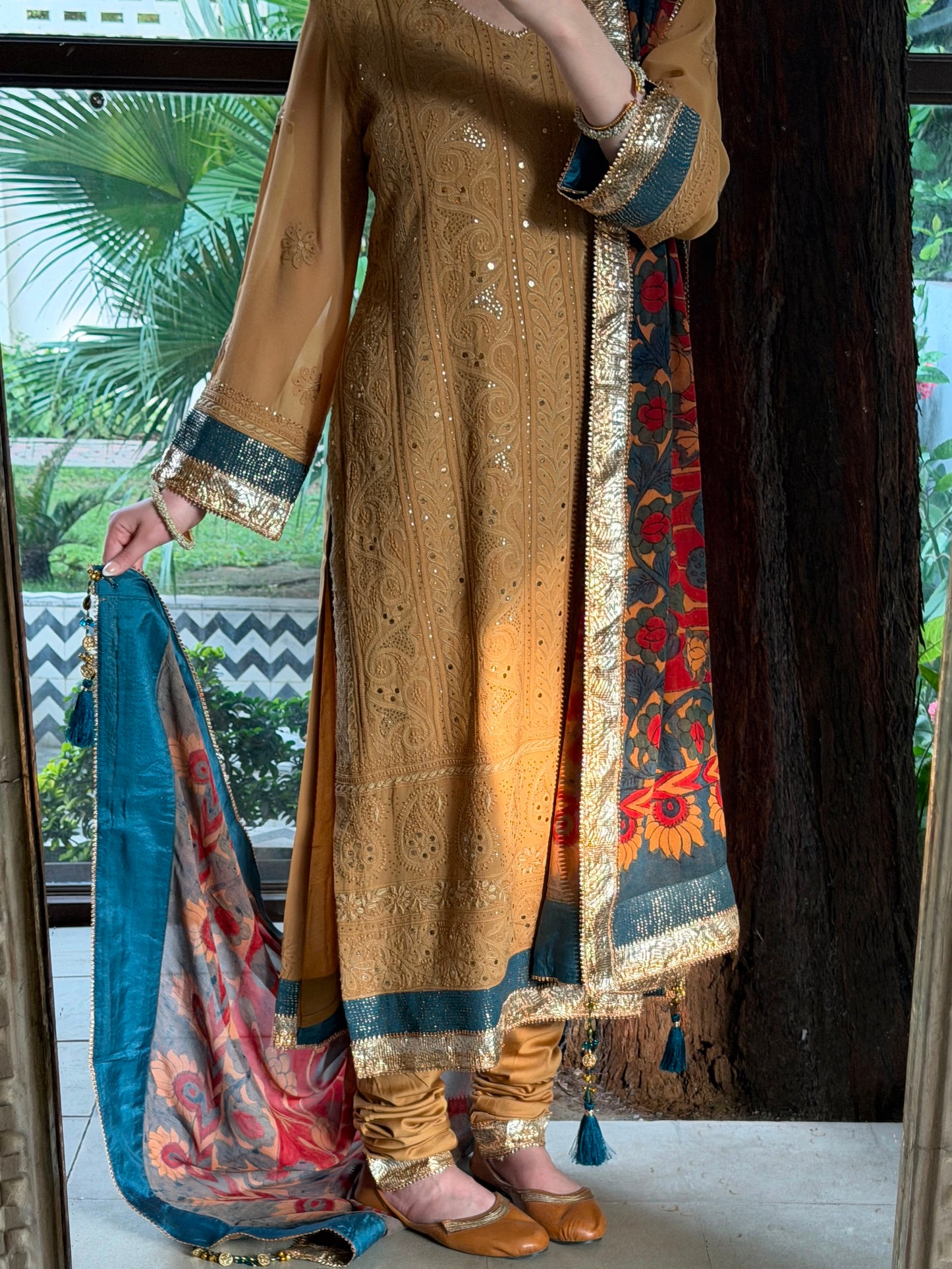 Turmeric Yellow Chikankari Pure Georgette Churidar Set with Kalamkari Dupatta