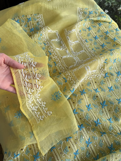 Lemon Yellow & Aqua Noor Organza Silk Chikankari With Kamdani Fabric