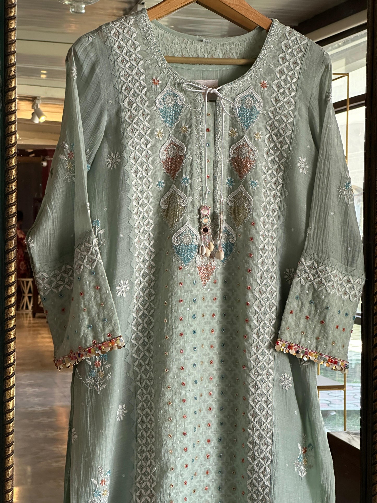 Mint Green Shade Jacquard Sequins Chikankari Kurta Set