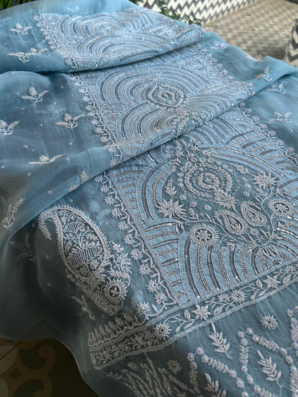 Powder Blue Noor Organza Banarasi Silk Chikankari Unstitched Kurta Dupatta Set