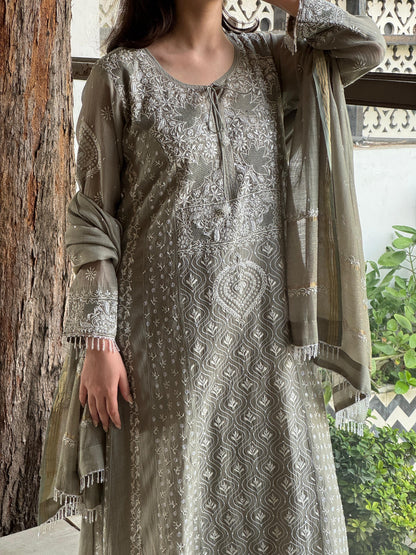 Slate Grey Shade Malmal Pearl Work Chikankari Anarkali