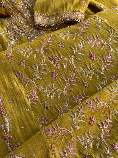 Yellow Shade Tissue Silk Chikankari Anarkali With Ari Work