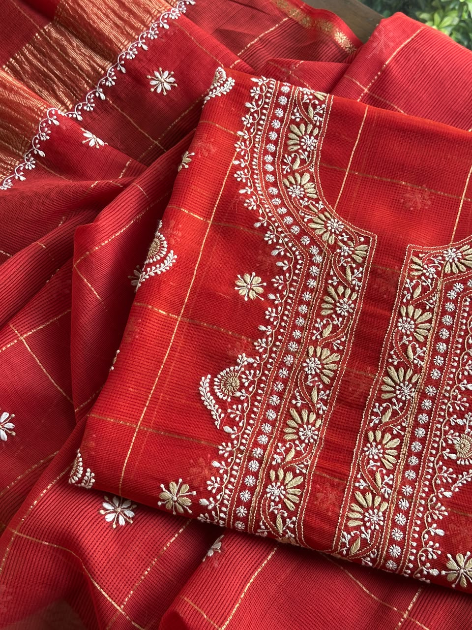 Red Shade Tissue Zari Kota Chikankari Unstitched Fabric