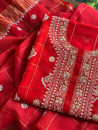 Red Shade Tissue Zari Kota Chikankari Unstitched Fabric