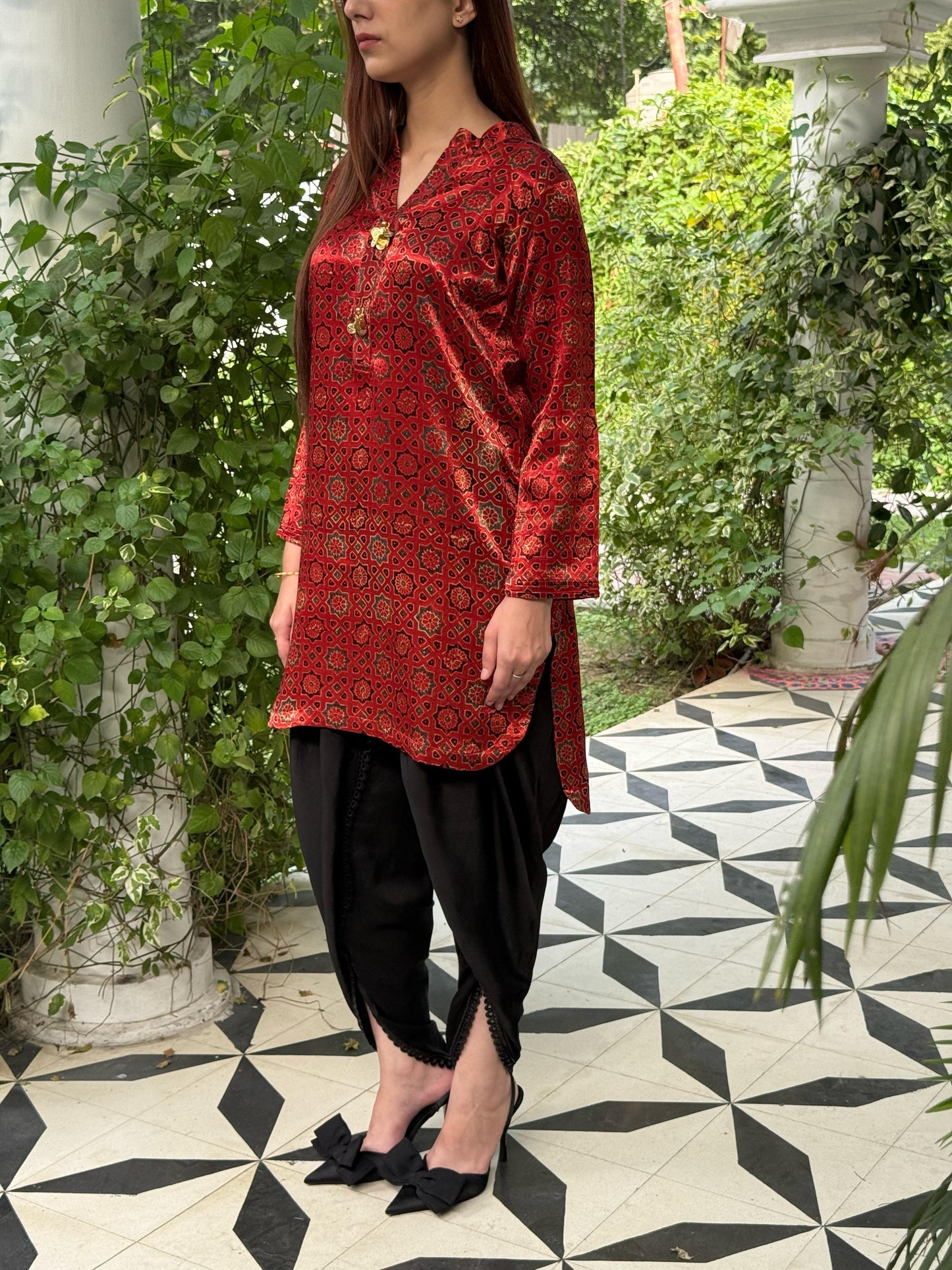 Ajrak Brick Red Shade Mashru Silk, Short Kurta