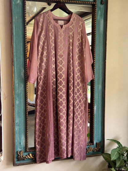 Onion Pink Zari Chanderi Chikankari A Line Kurta with Slip