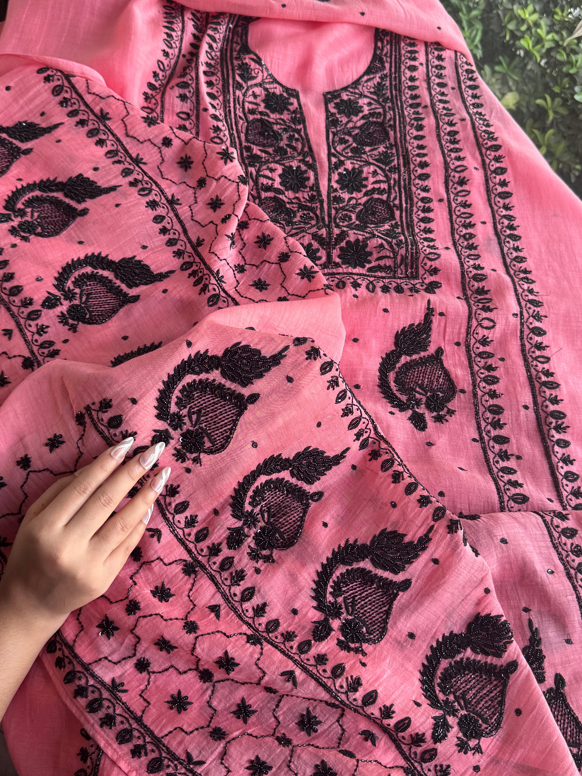 Candy Pink & Black Mal Chanderi Silk Chikankari A Line Unstitched Fabric