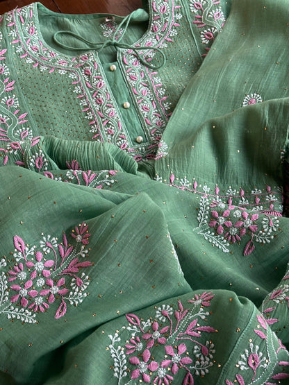 Green & Soft Pink Shade | Malmal Mukaish Kamdani Chikankari Stitched Kurta Dupatta Set