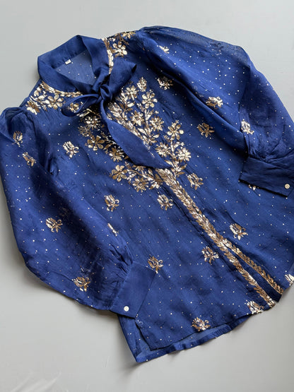 Blue Noor Organza Mukaish Badla Short Top With Bow Tie