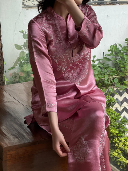 Deep Blush Pink Satin Shimmer Chikankari Co-Ord Set