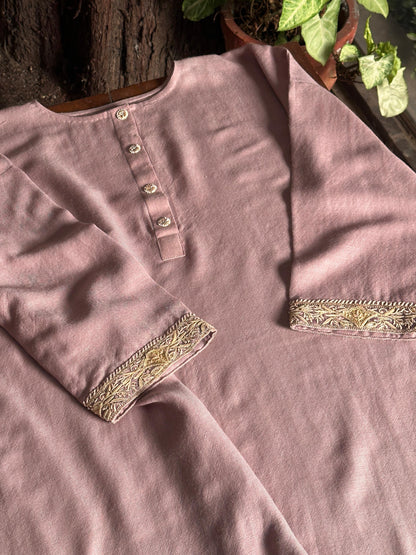 Rose Pink Shade Kashmiri Pashmina Phiran with Handcrafted Ari & Chikankari Embroidery