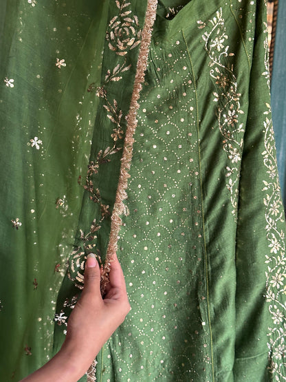 Green Moonga Silk Mukaish Badla Lehenga Set