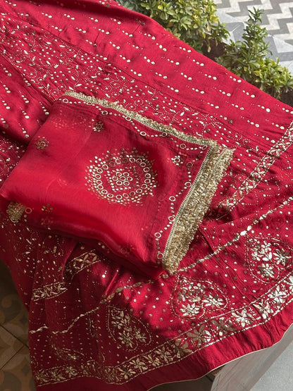 Red Moonga Silk Mukaish Badla Lehenga Set