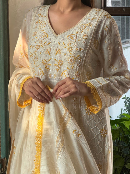 Off White & Yellow Malmal Pearl Work Chikankari Kalidar Kurta Set