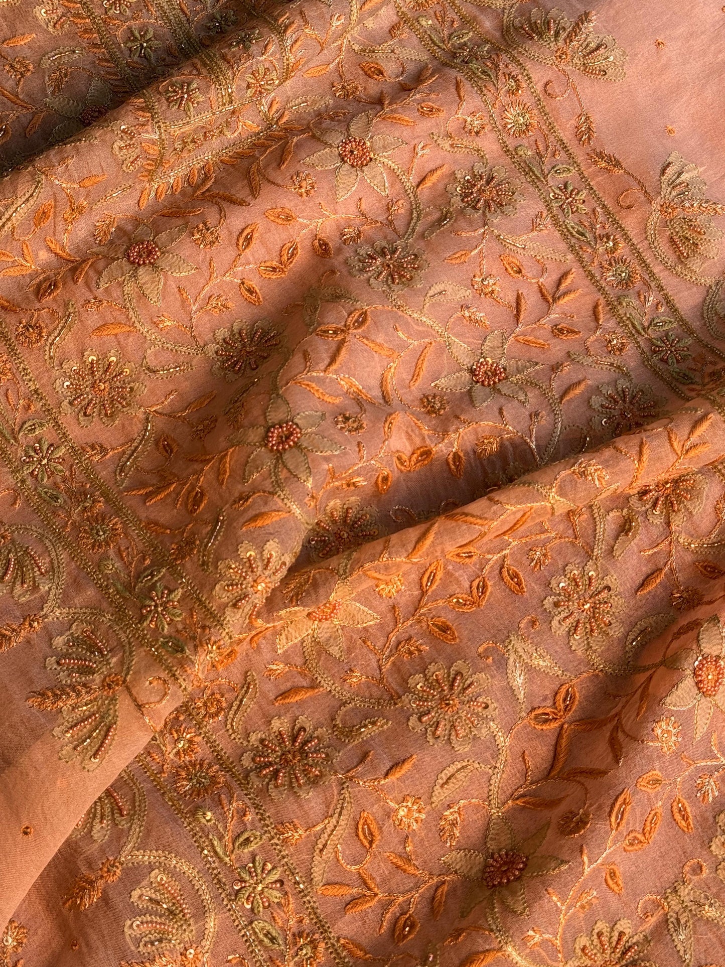 Floral Soft Peach Shade Noor Organza Chikankari Unstitched Fabric