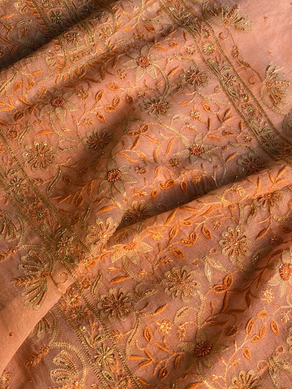 Floral Soft Peach Shade Noor Organza Chikankari Unstitched Fabric