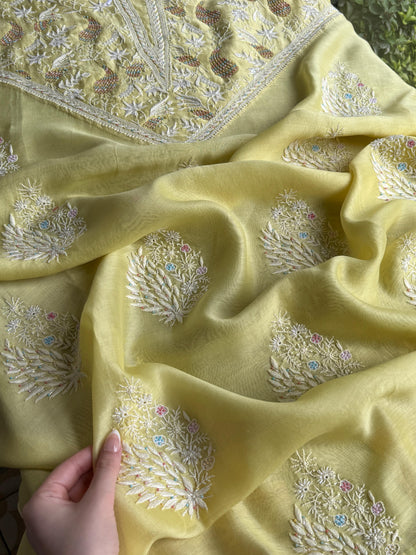 Butter Yellow Mul Chikankari Unstitched Kurta Set