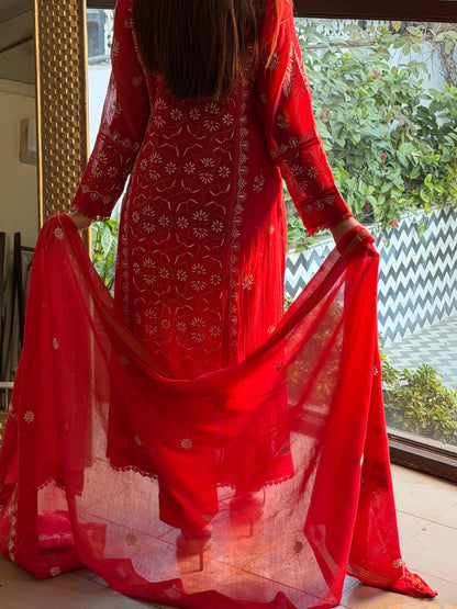 Red Mul Chanderi Mukaish Kamdani Chikankari Stitched Kurta Dupatta Set