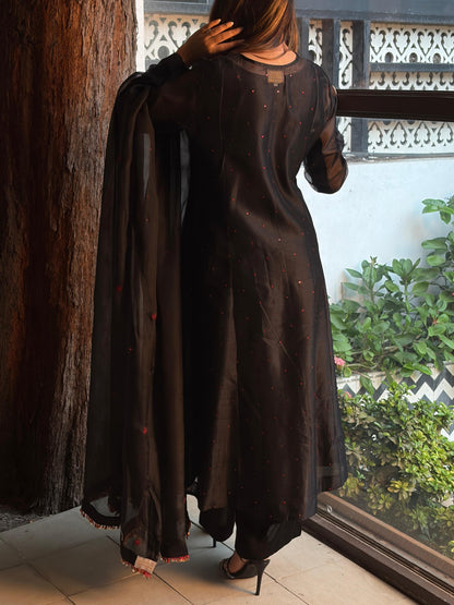 Black Sico (Silk Cotton) Chikankari Tux Kurta Set