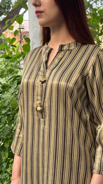 Ajrak Tan Brown Shade Mashru Silk, Short Kurta