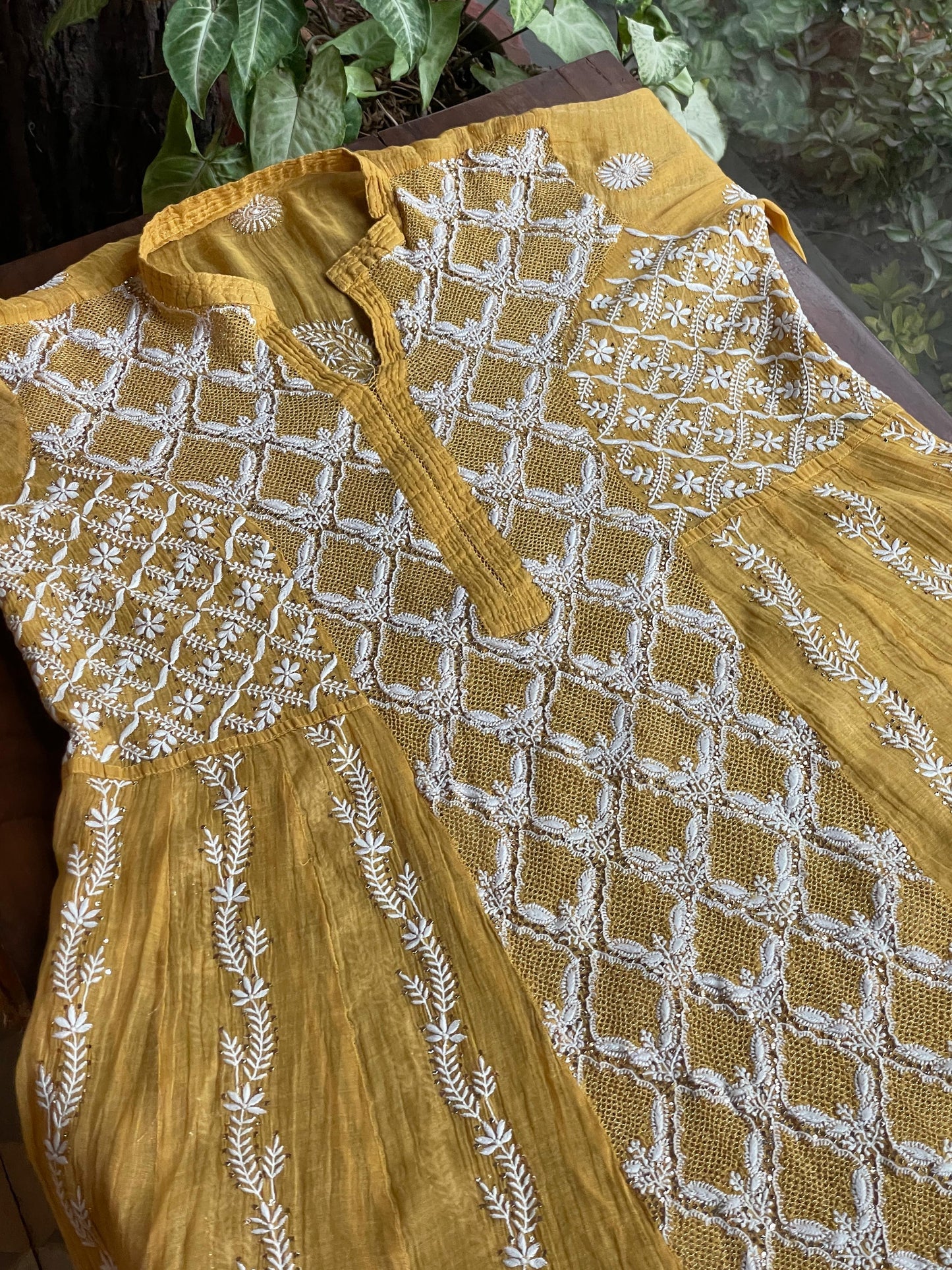 Gold Yellow Shade | Tissue Silk Chikankari Jaali Work Kurta Set