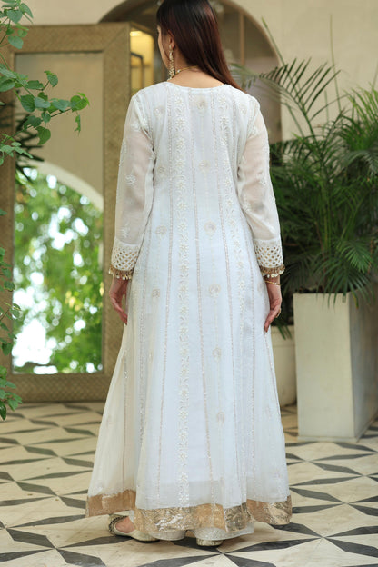 White Malmal Pearl Work Chikankari A Line Kalidar Kurta With Dupatta