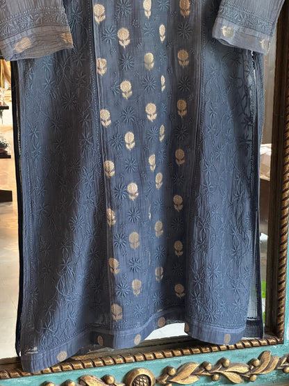 Blue Shade Zari Chanderi Chikankari Ready to Wear Tunic