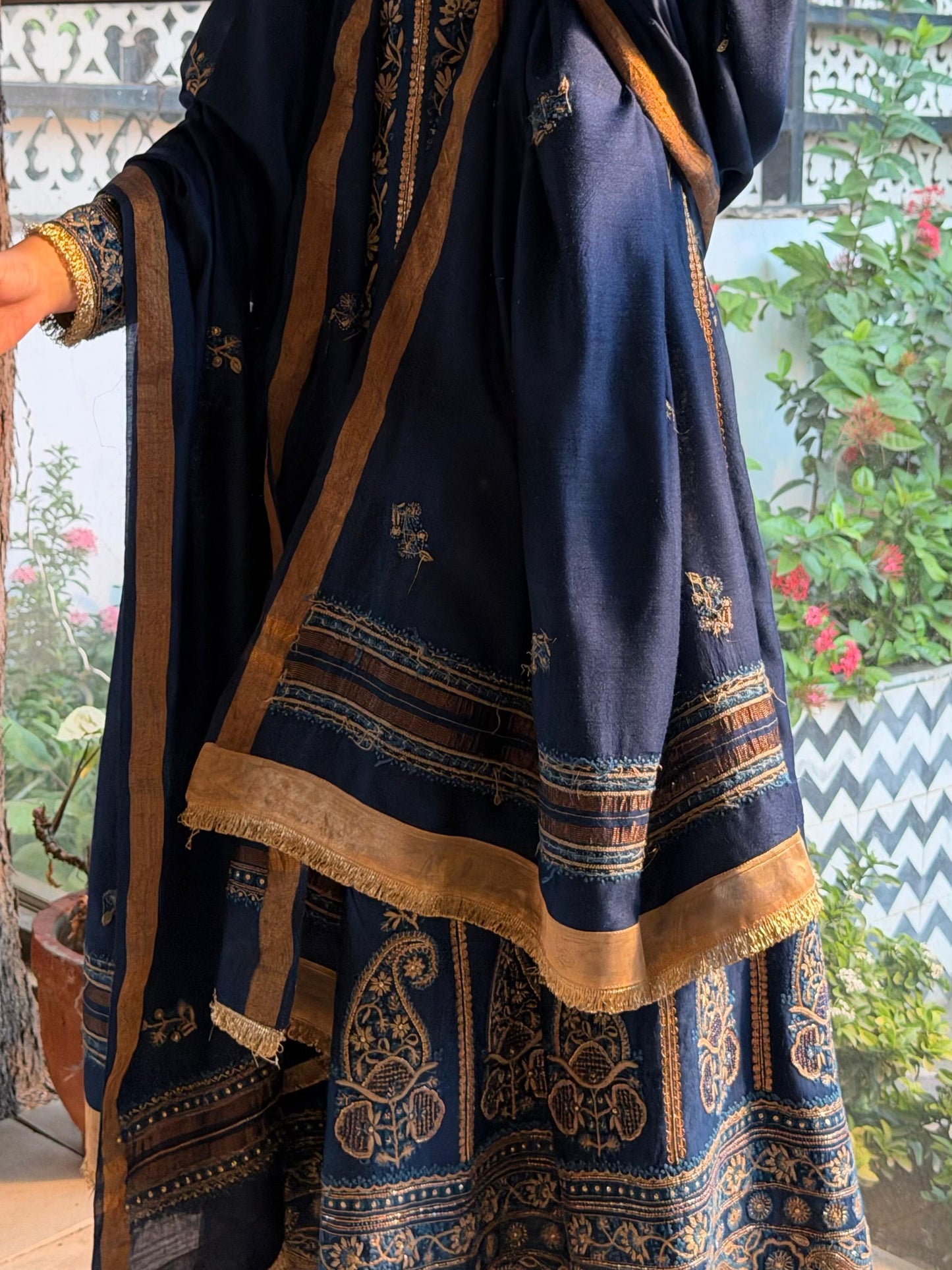 Roheen Blue Moonga Silk Chikankari Anarkali With Dupatta