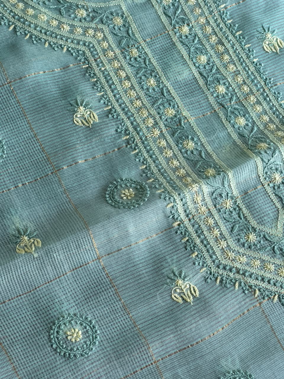 Aqua Green Shade Tissue Zari Kota Chikankari Unstitched Fabric