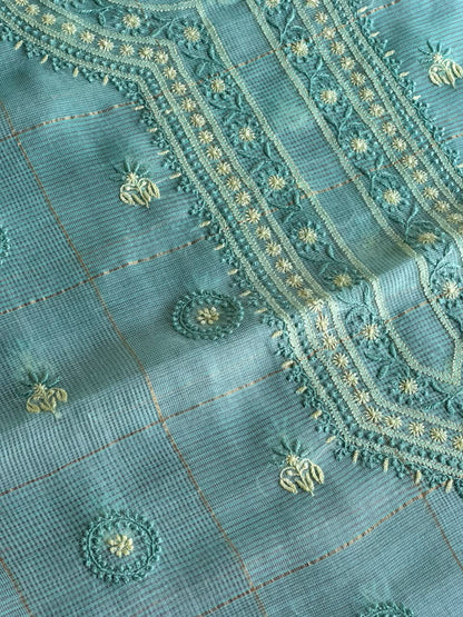 Aqua Green Shade Tissue Zari Kota Chikankari Unstitched Fabric
