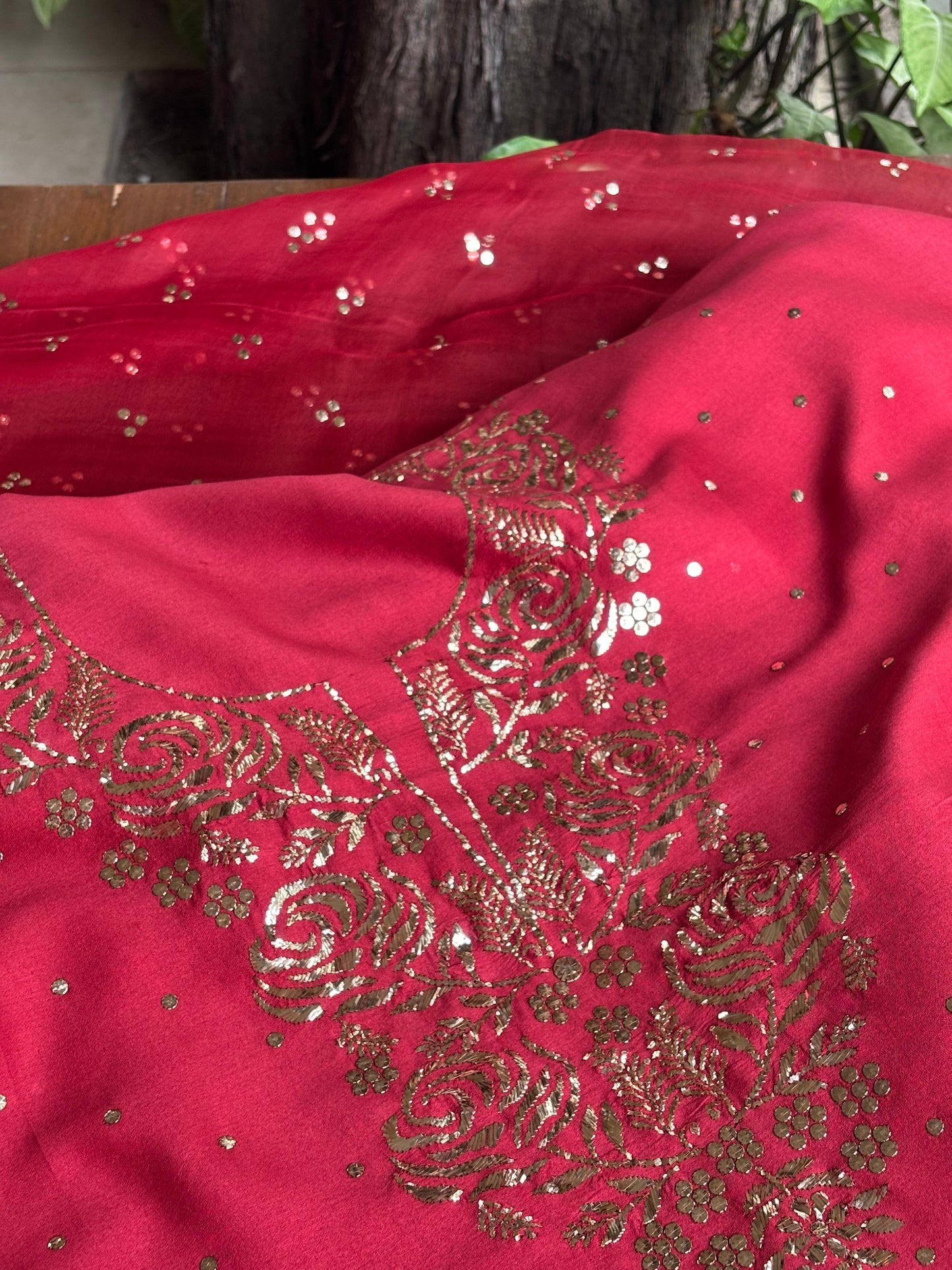 Berry Red Chanderi Silk Mukaish Badla Unstitched Fabrics