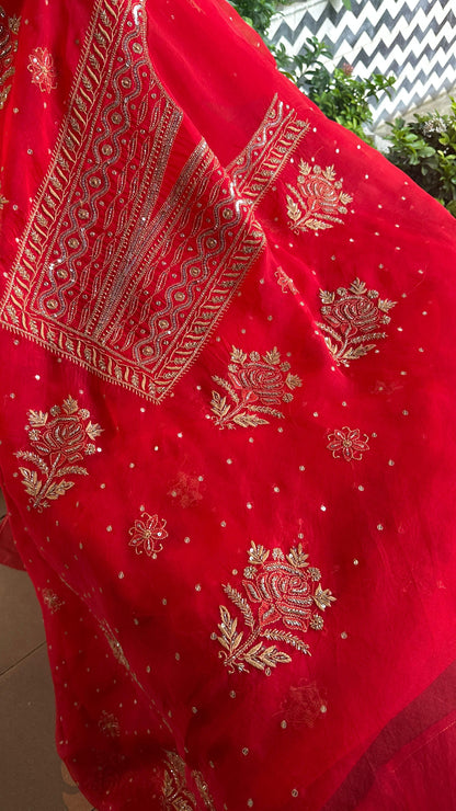 Red Noor Organza Silk Chikankari Unstitched Kurta Dupatta Set
