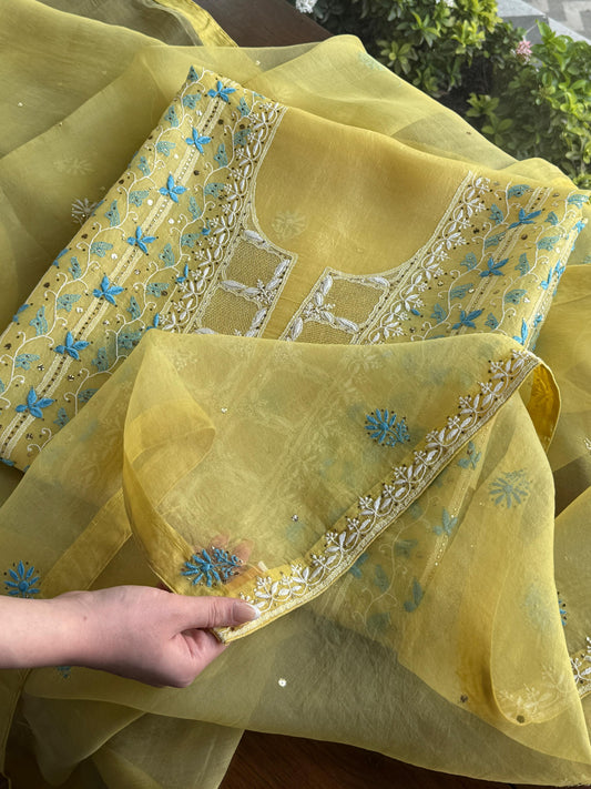 Lemon Yellow & Aqua Noor Organza Silk Chikankari With Kamdani Fabric
