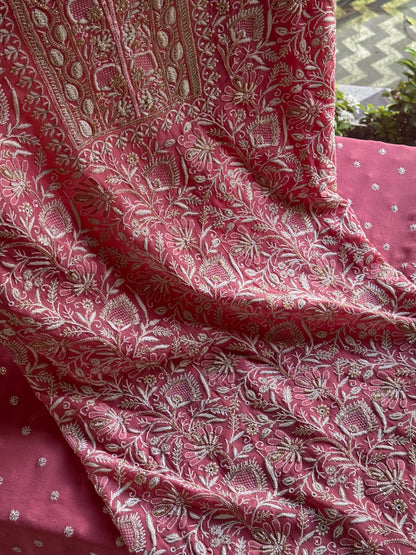 Pink Superfine Pure Georgette Chikankari Kurta Set