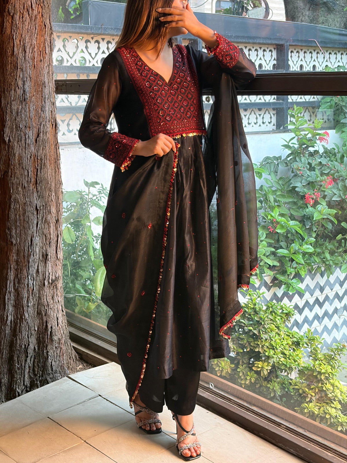 Black Sico (Silk Cotton) Chikankari Tux Kurta Set