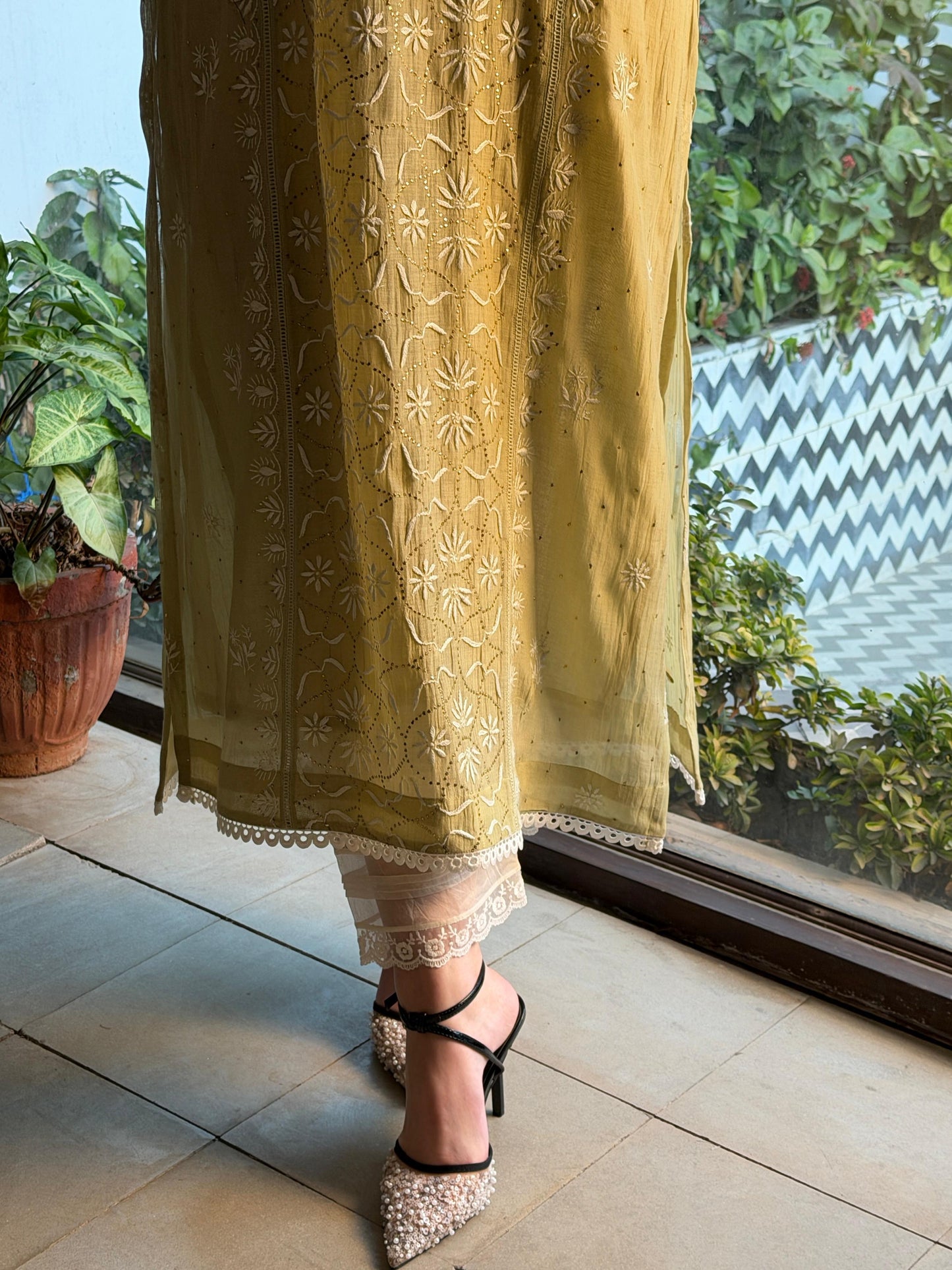 Olive Green Mul Chanderi Mukaish Kamdani Chikankari Stitched Kurta Dupatta Set