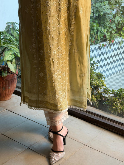 Olive Green Mul Chanderi Mukaish Kamdani Chikankari Stitched Kurta Dupatta Set