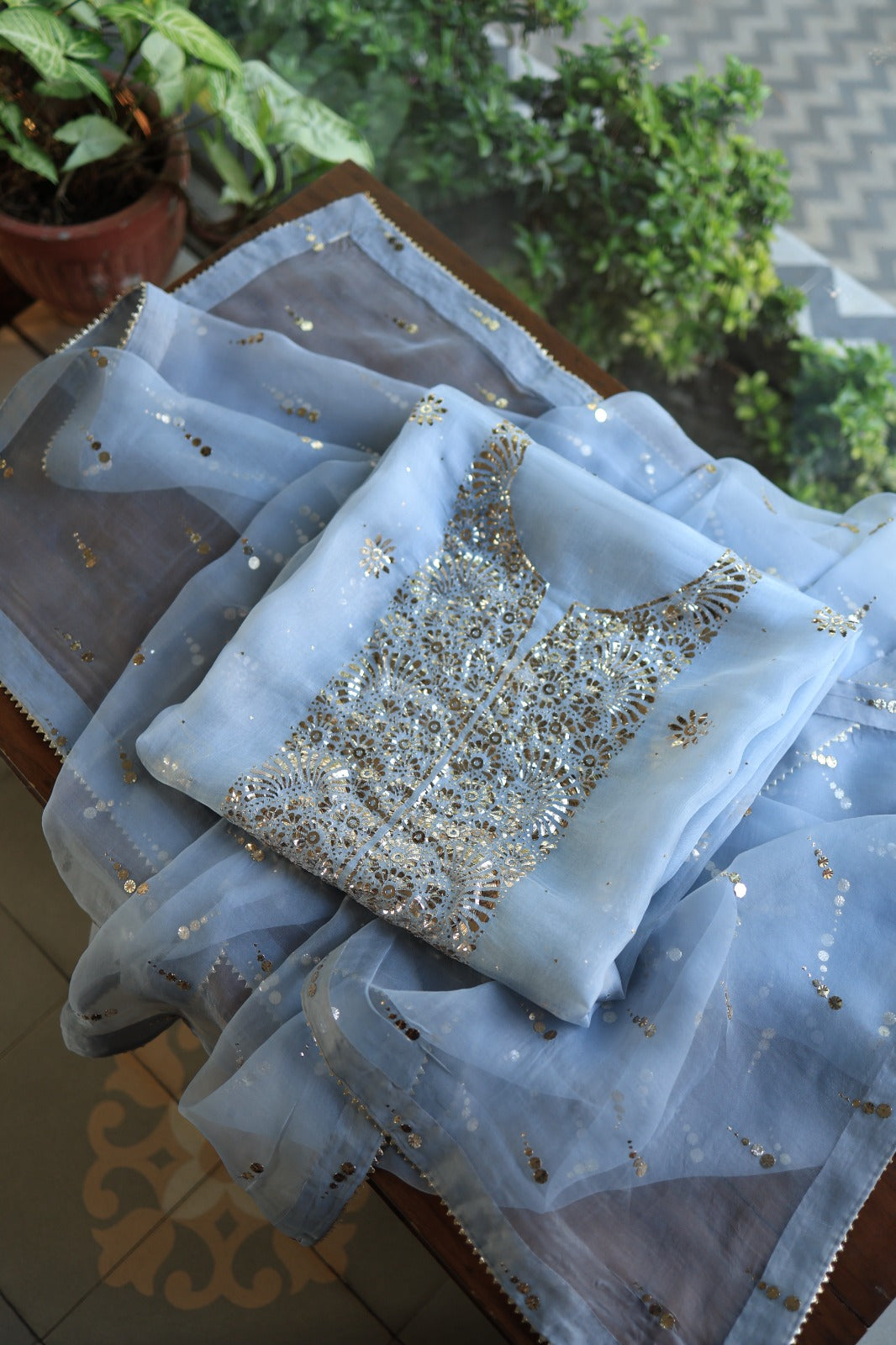 Powder Blue Shade Noor Organza Silk Badla Unstitched Kurta Dupatta Set