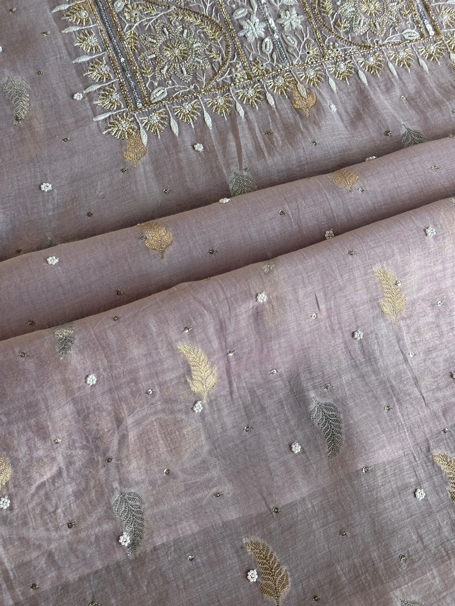 Lavender Shade Banarasi Zari Chanderi Unstitched Chikankari Fabric