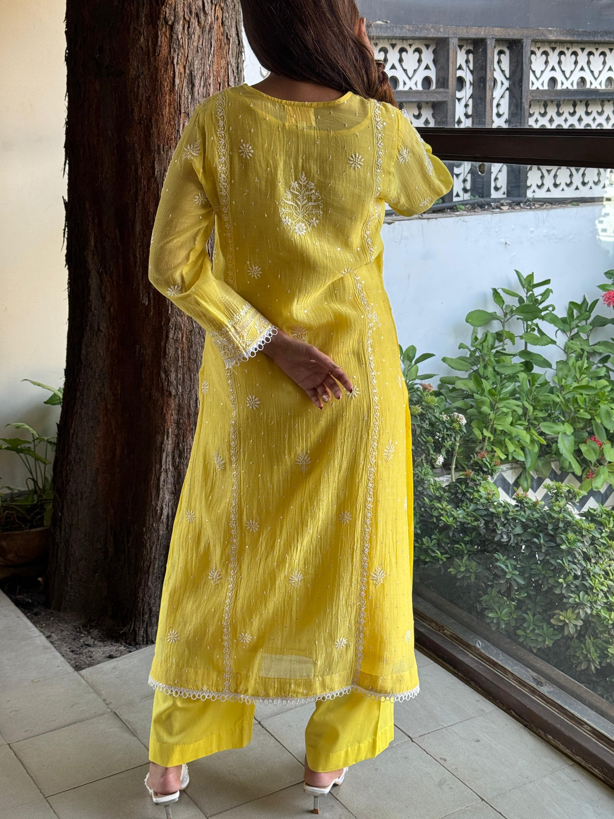 Yellow Shade Malmal Pearl White Chikankari Ready to Wear Kurta Set