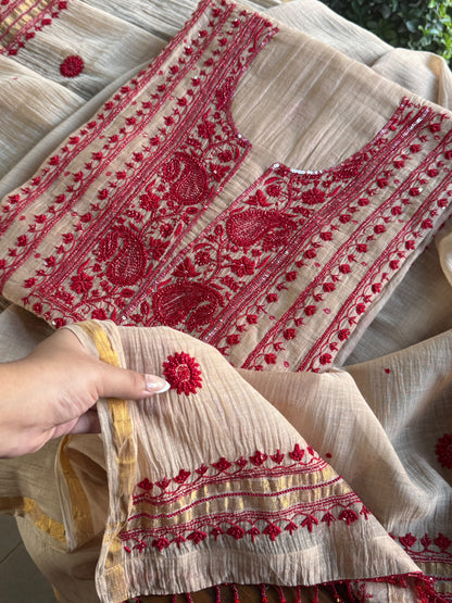 Beige & Red Mal Chanderi Silk Chikankari With Sequins Unstitched Kurta Dupatta Set