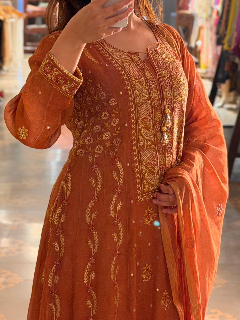 Rust Orange Shade Tissue Silk Chikankari Anarkali With Ari Work