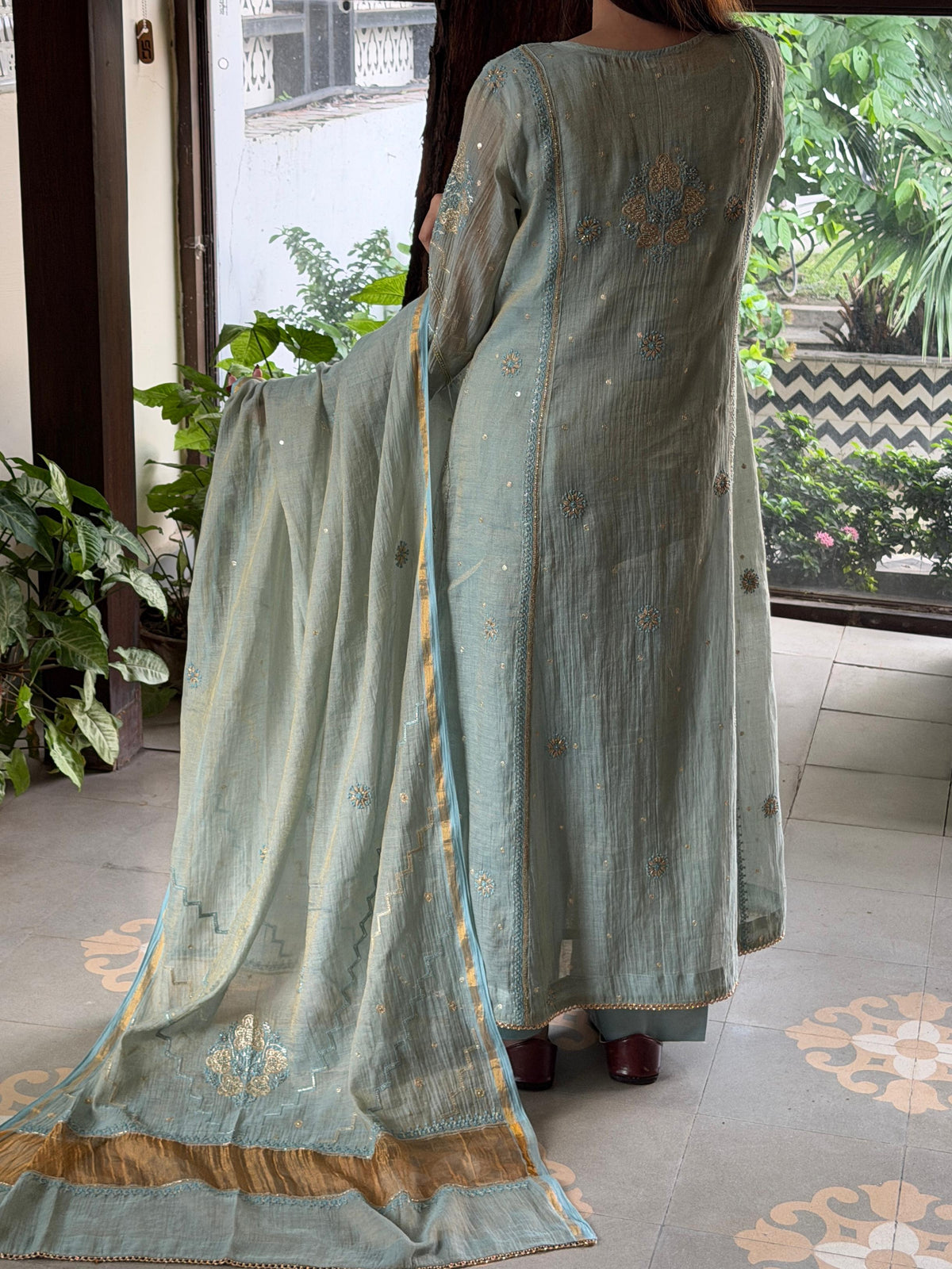 Cement Shade Tissue Silk Chikankari Bhopali Cut Kurta Dupatta Set