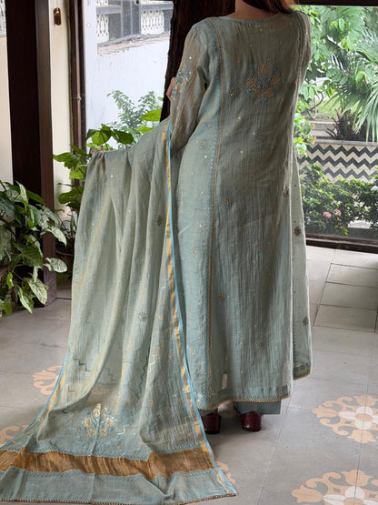 Cement Shade Tissue Silk Chikankari Bhopali Cut Kurta Dupatta Set