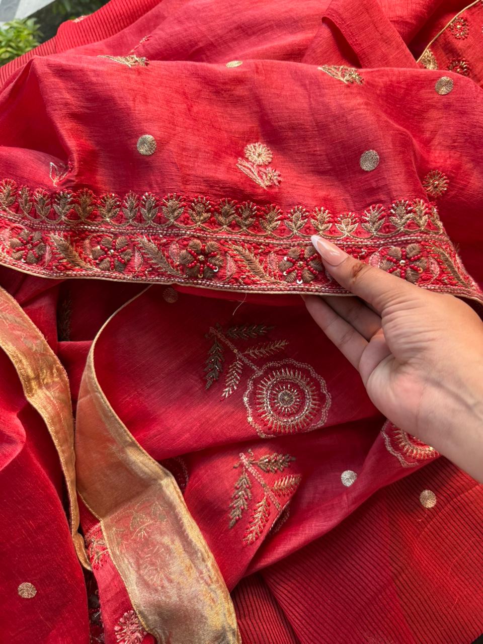 Brick Red Linen Silk Chikankari With Ari Work Unstitched Kurta Dupatta Set