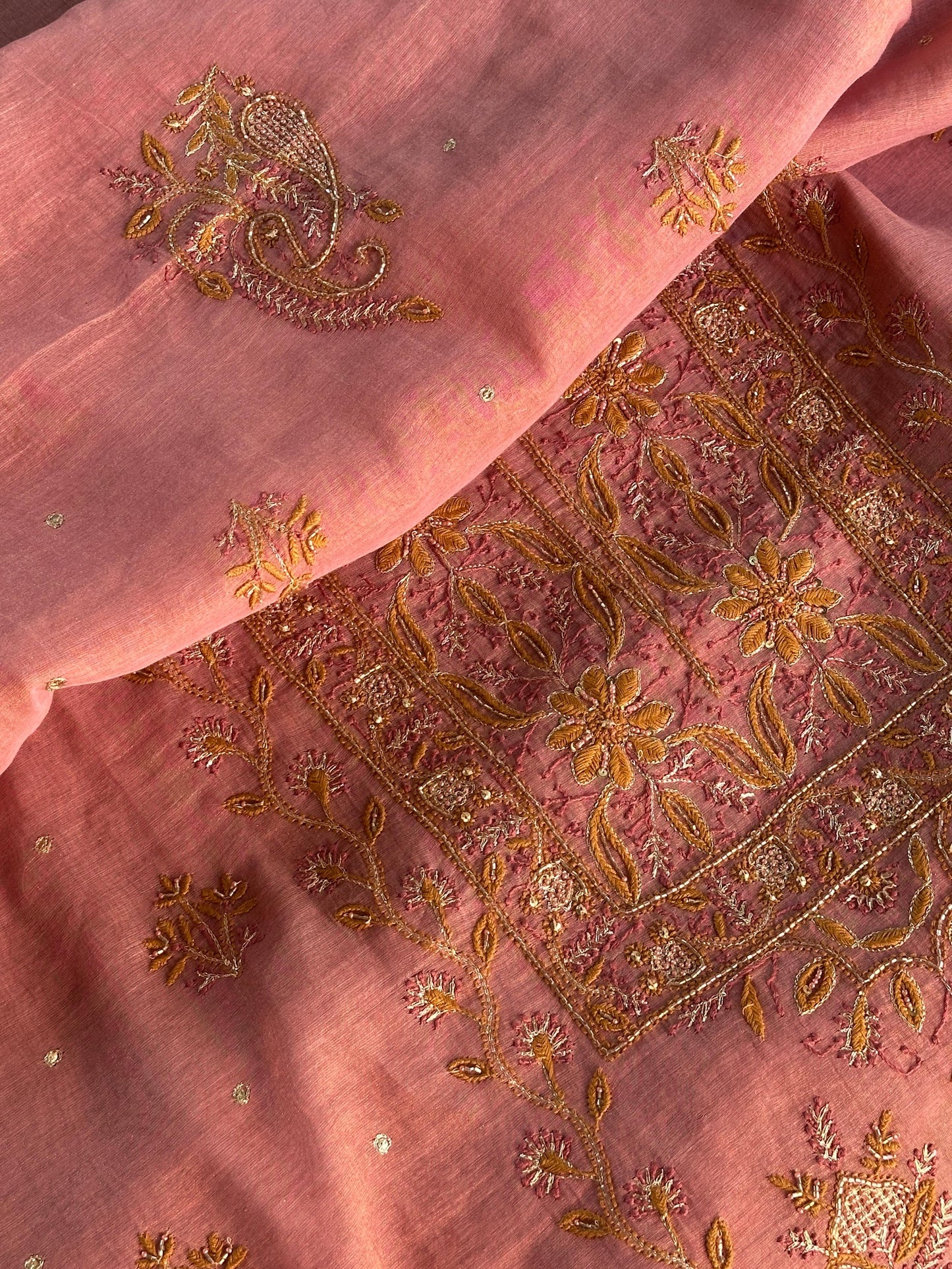 Rose Pink Shade Roheen Tissue Silk Chikankari Unstitched Fabric