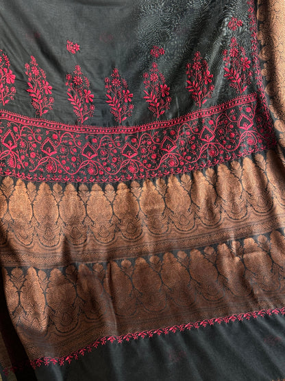Black & Red Chanderi Saree with Chikankari Embroidery & Banarasi Zari Border