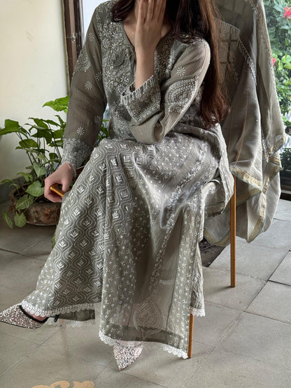 Slate Grey Shade Malmal Pearl Work Chikankari Anarkali
